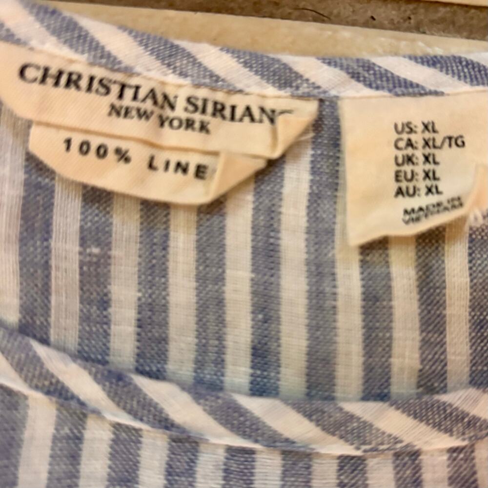 Christian Siriano 100% Linen Blue Short Sleeve Patch Pocket Striped Blouse Sz XL - Picture 5 of 9